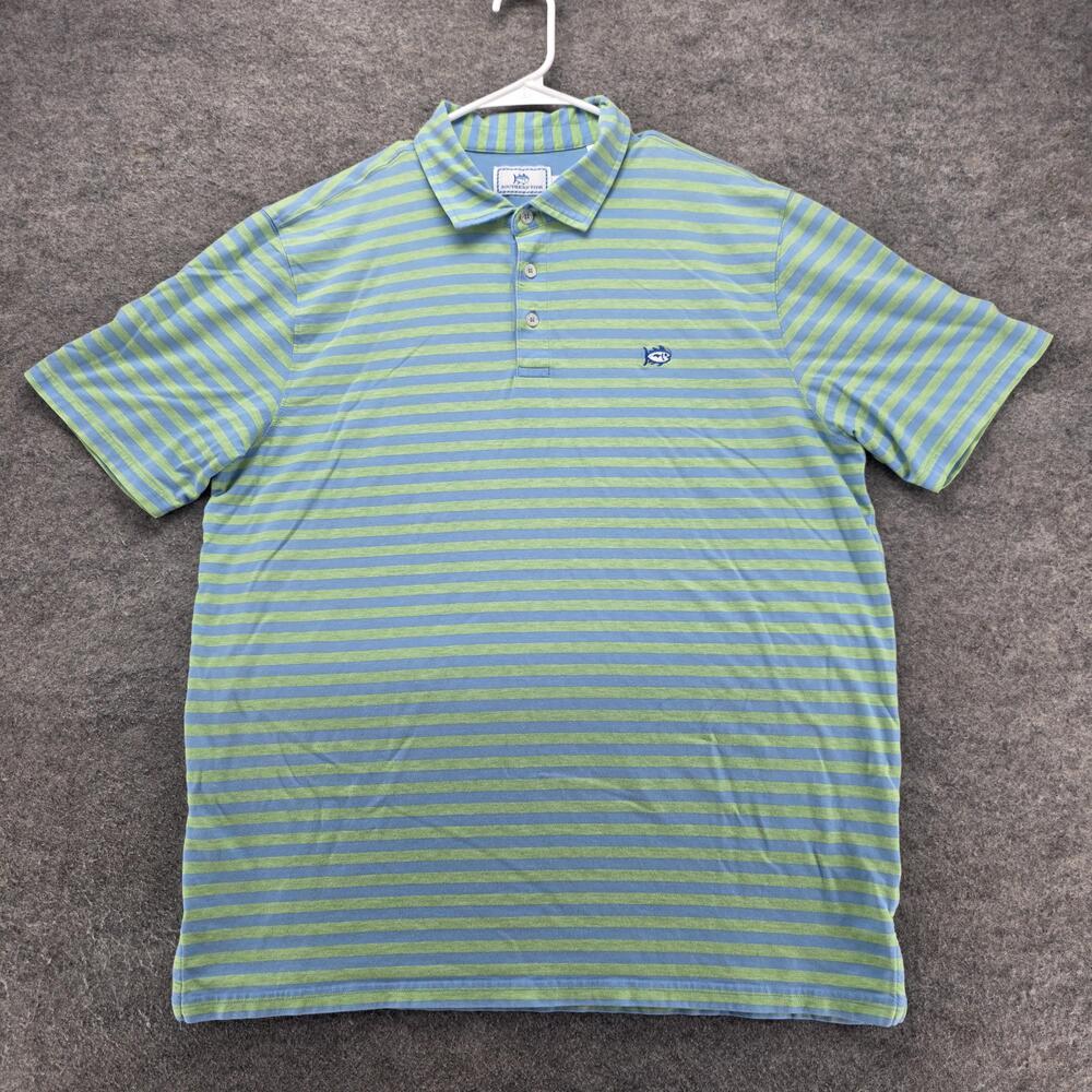 Southern Tide Polo Shirt Mens Large Green Blue Stripe Pima Cotton Casual